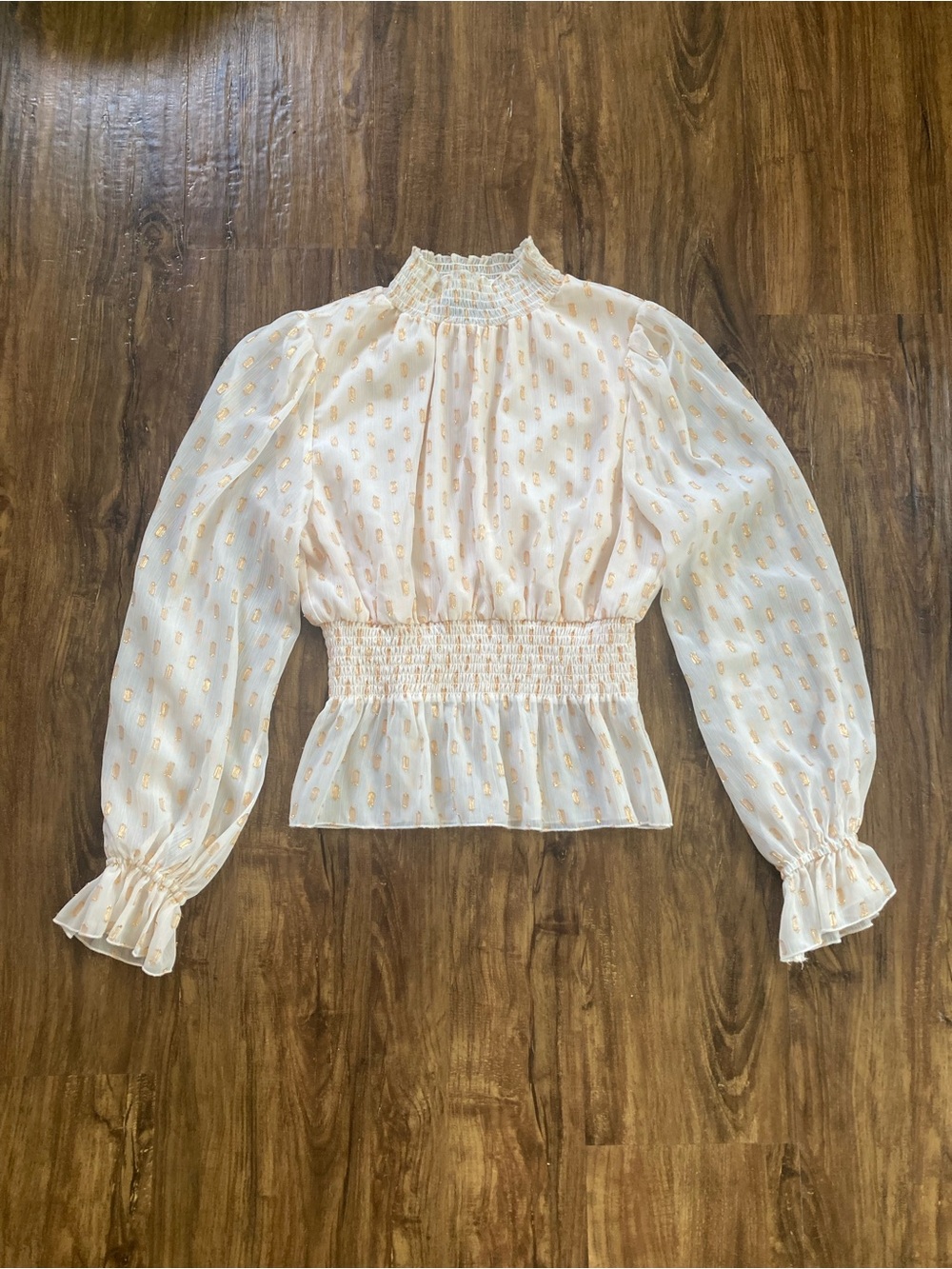 O.p.t Women’s Smocked Cream Blouse with Gold Detail Size Medium